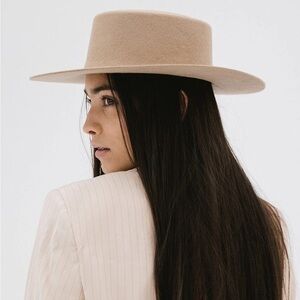 GIGI PIP Tan Boater Hat Australian Wool Crown Flat Wide Brim Hat XL